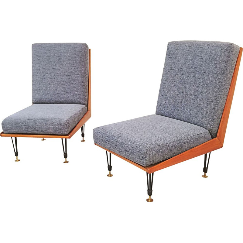 Pair of vintage italian armchairs without arm in grey fabric and wood 1950