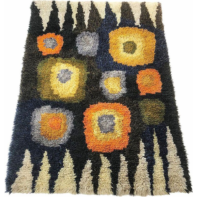 Vintage scandinavian multicoloured pop art carpet in cotton