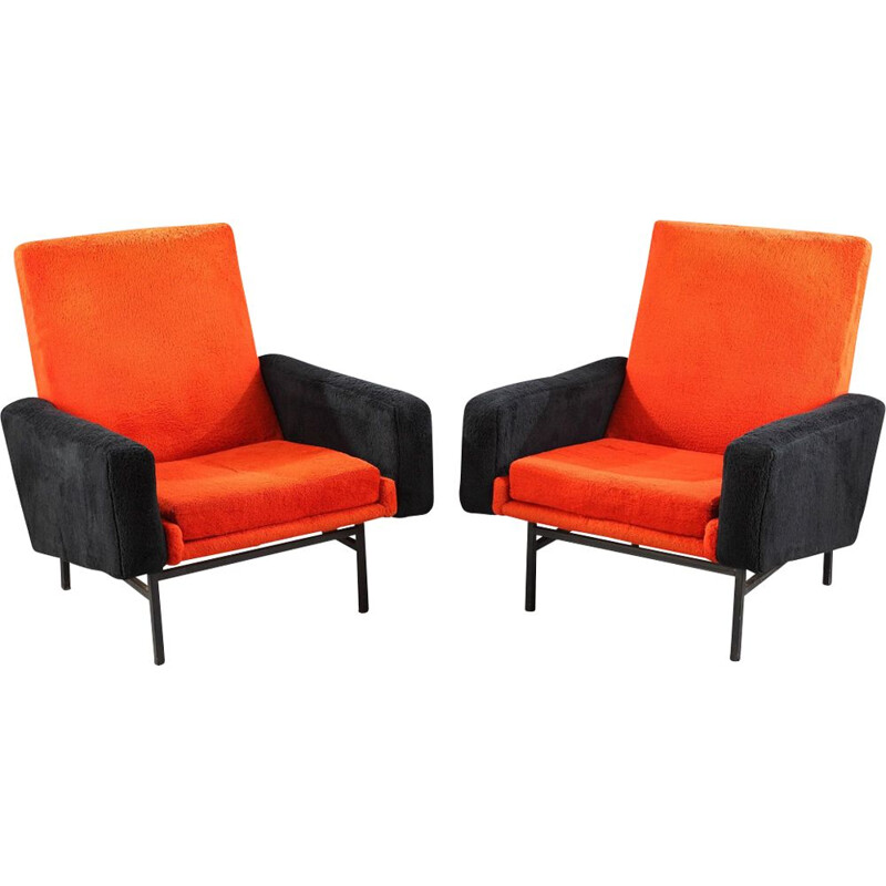 Pair of vintage french armchairs in orange wool and metal 1950