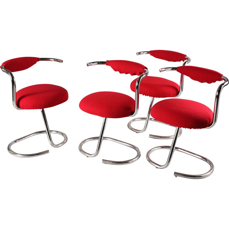 Set of 4 vintage chairs in red fabric and tubular steel