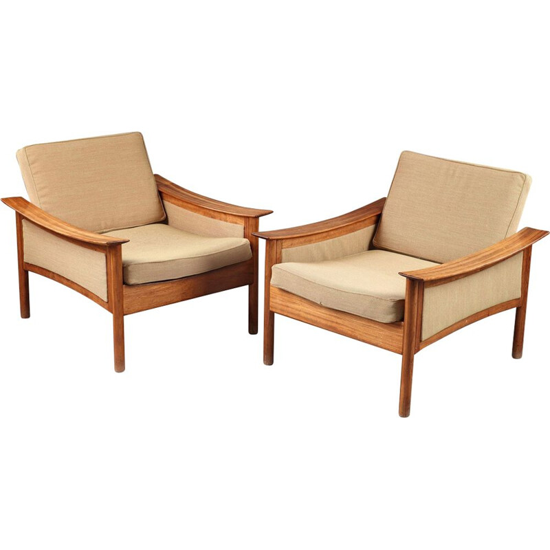 Pair of vintage armchairs for Langlos in teak and beige fabric