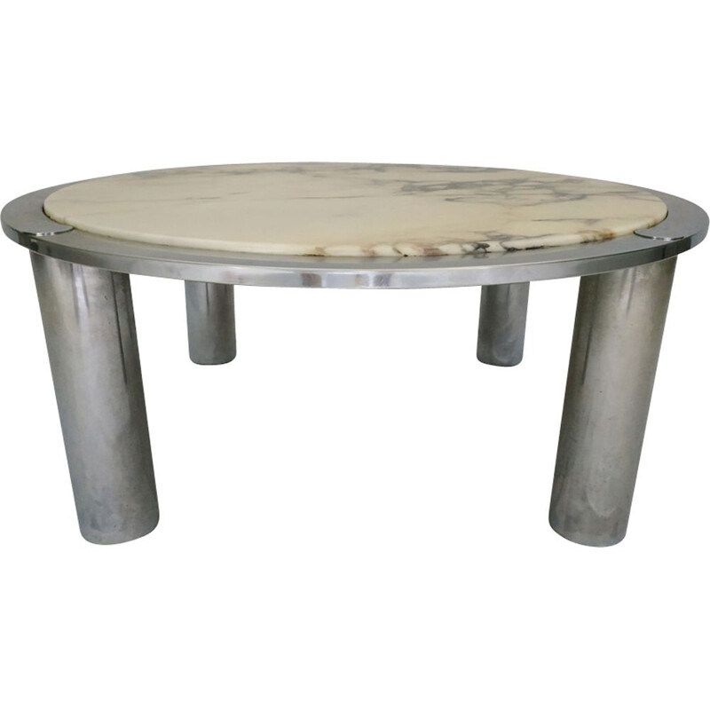 Vintage coffee table in white veined marble and chrome metal 1970
