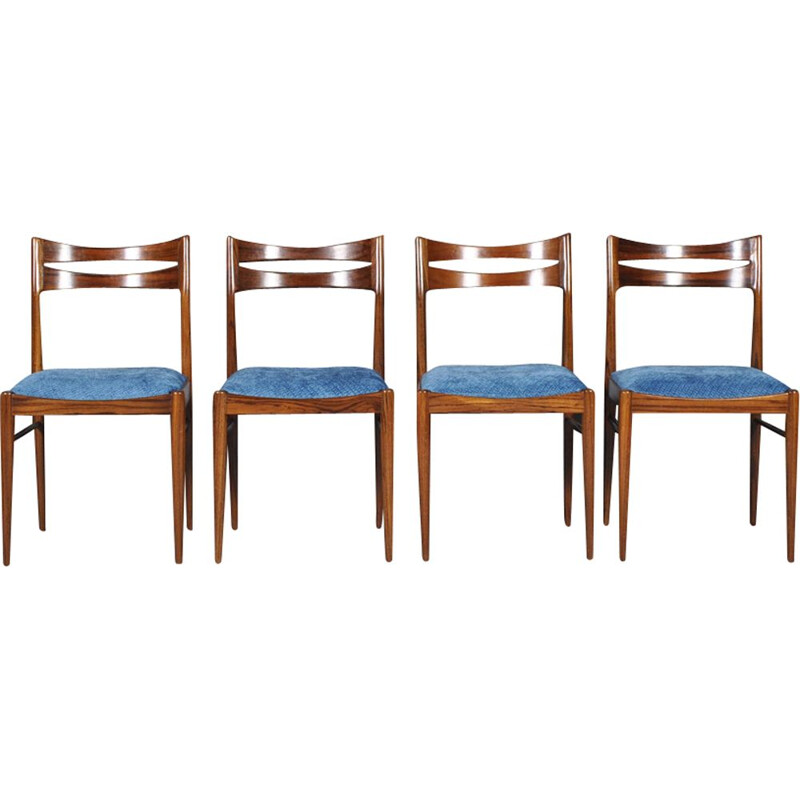 Ensemble de 4 chaises vintage scandinaves en palissandre et tissu bleu 1960