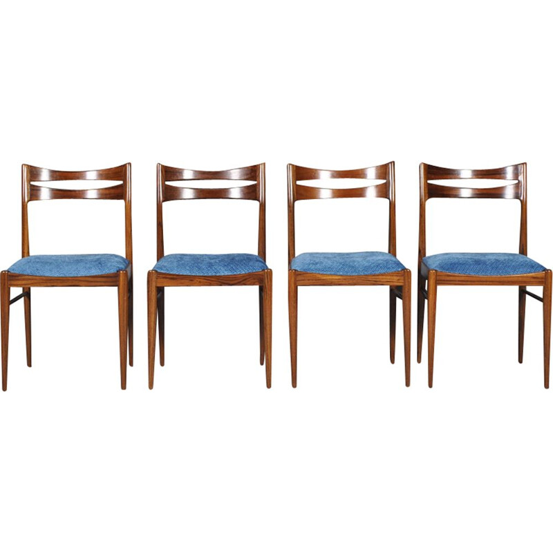 Set of 4 vintage scandinavian chairs in rosewood and blue fabric 1960
