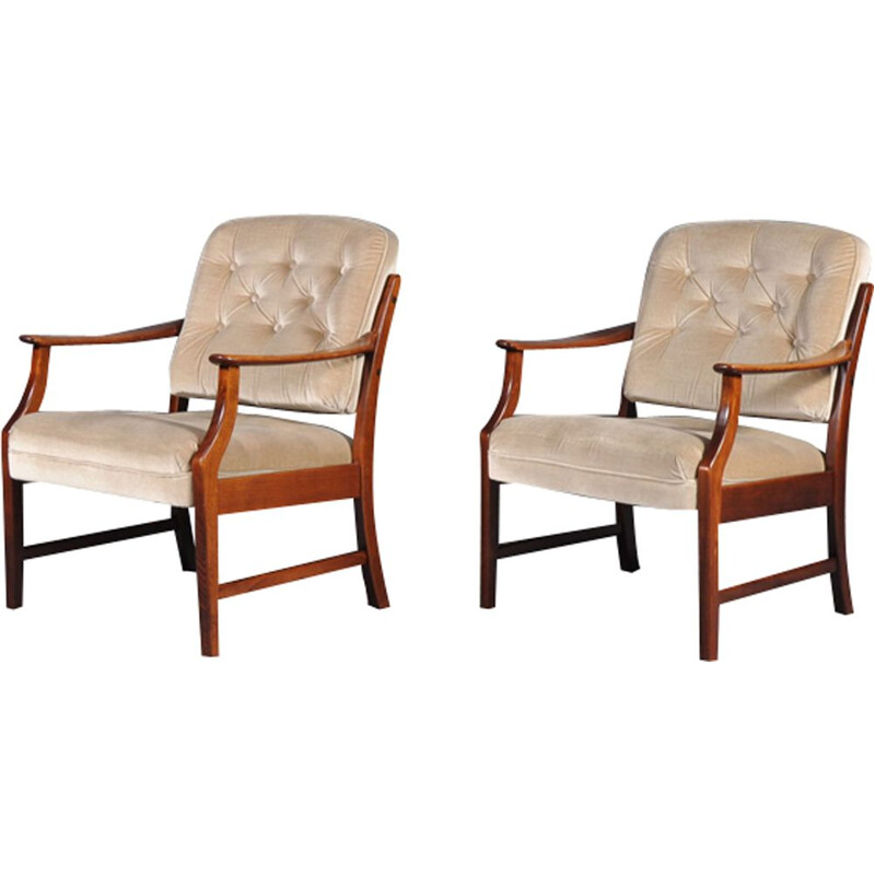 Pair of vintage danish armchairs in beige fabric and teak 1960