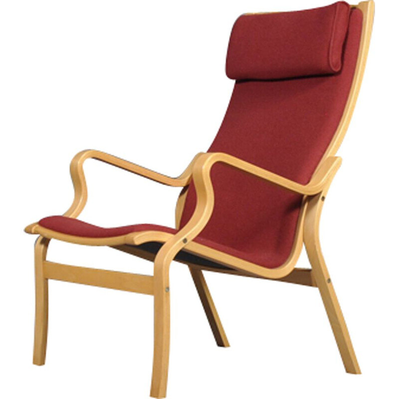 Fauteuil vintage danois en hêtre et tissu rouge 1970