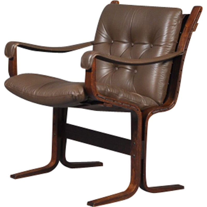 Vintage Siesta armchair in beechwood and brown leather 1960