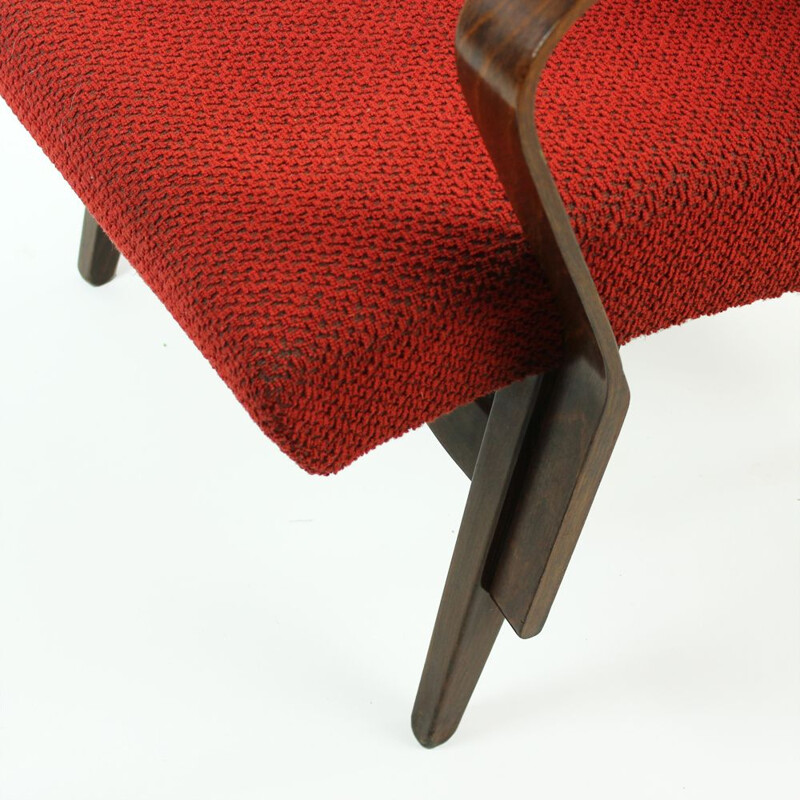 Fauteuil vintage en bois et tissu rouge original