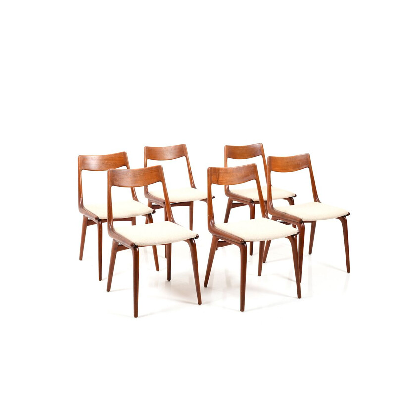 Suite de 6 chaises vintage en teck boomerang par Alfred Christensen