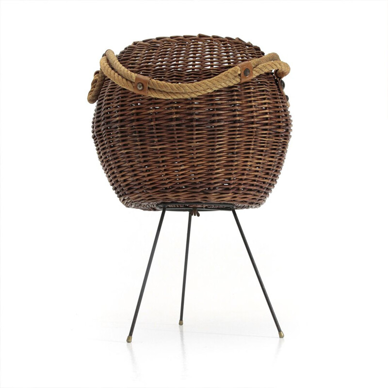 Vintage Italian wicker basket with rope handle 1950s