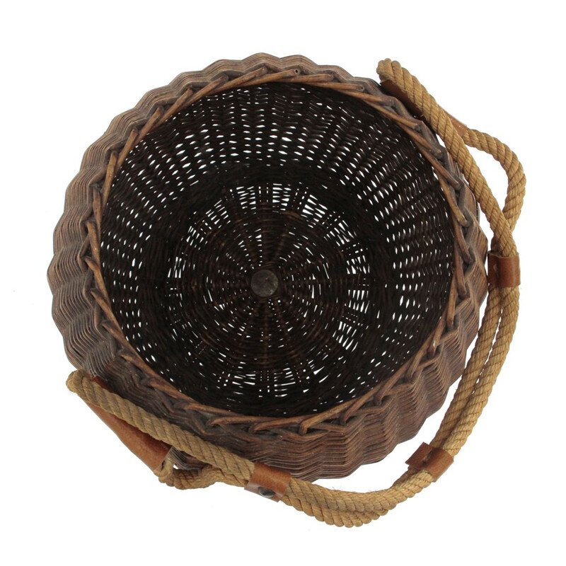 Vintage Italian wicker basket with rope handle 1950s