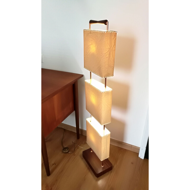 Lampadaire vintage en teck et cuivre