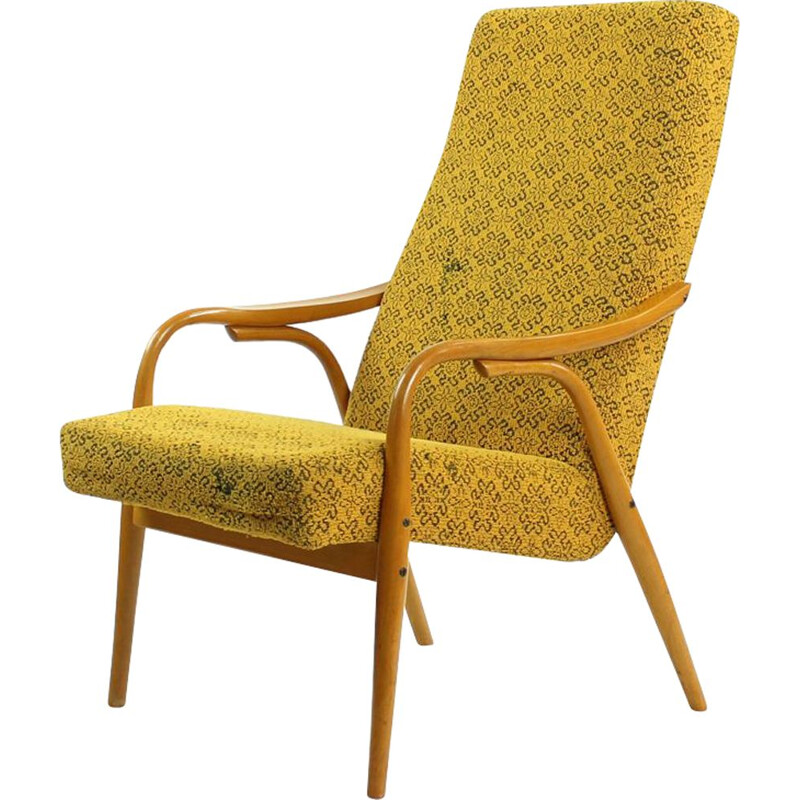 Poltrona Vintage para TON em tecido amarelo e madeira dobrada 1960
