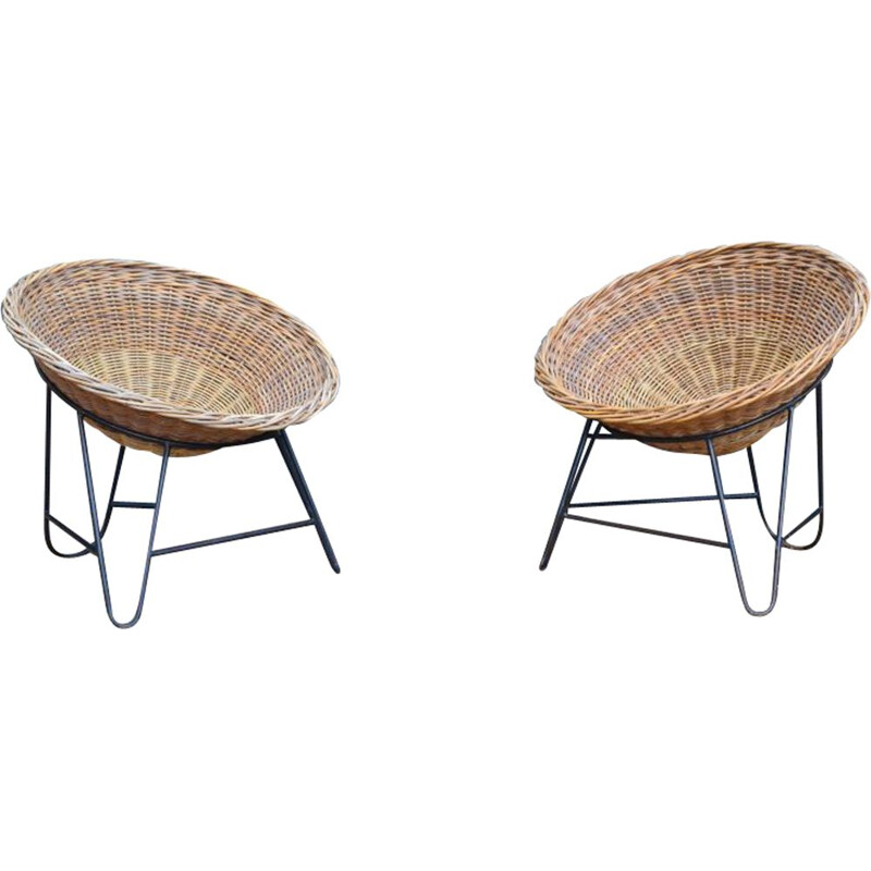 Pair of vintage scandinavian armchairs in rattan and metal 1950