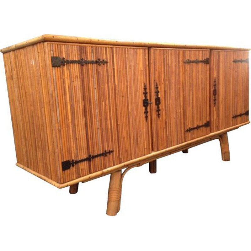 Vintage sideboard by Audoux Minet in bamboo 1950