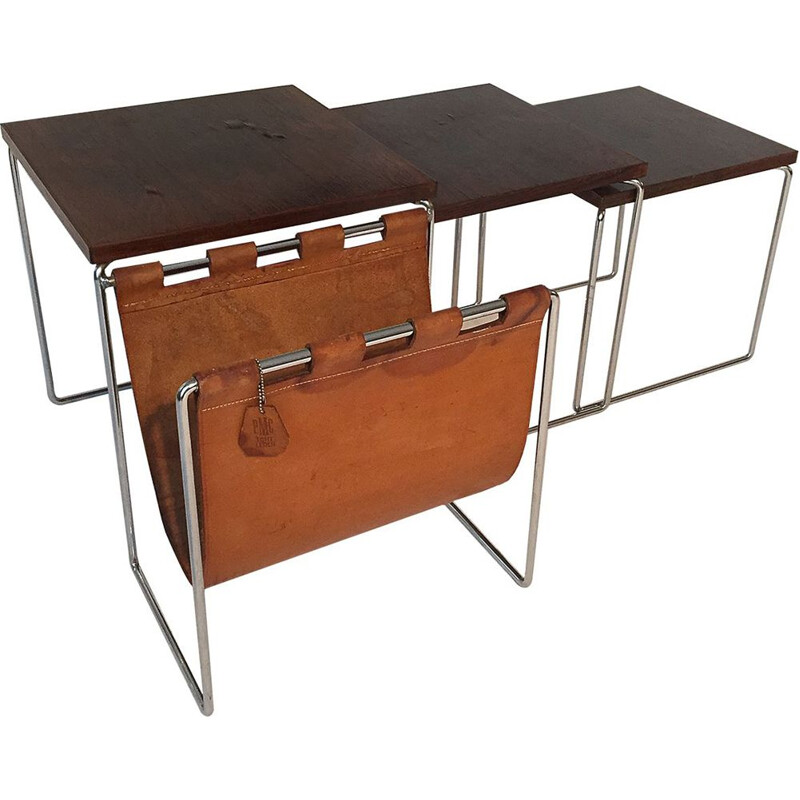 Vintage rosewood nesting tables with magazine rack in leather 1960