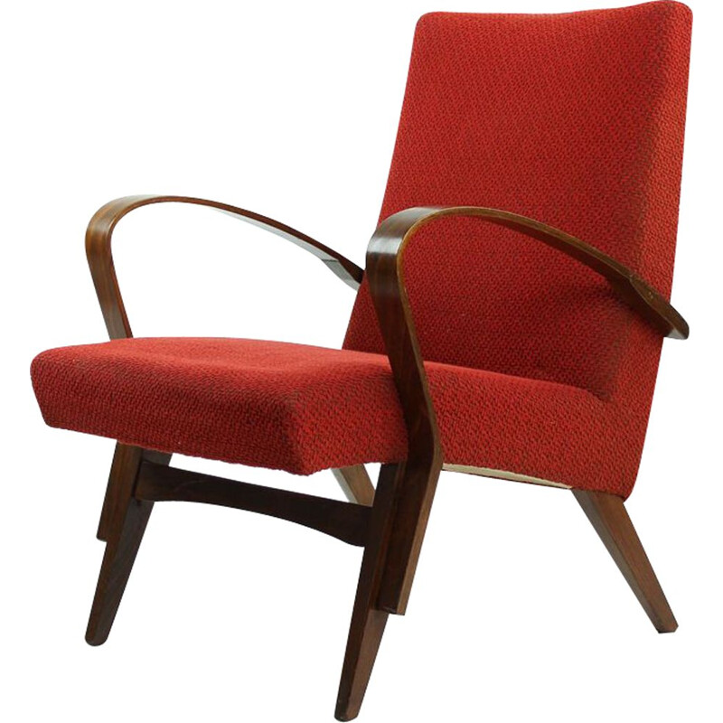 Vintage bentwood armchair in original red fabric