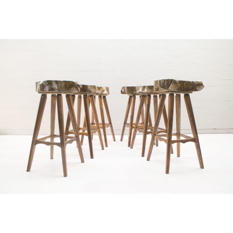 Set of 6 vintage French wooden bar stools