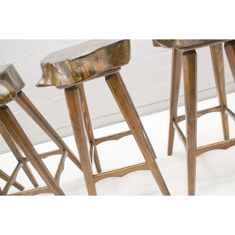 Set of 6 vintage French wooden bar stools