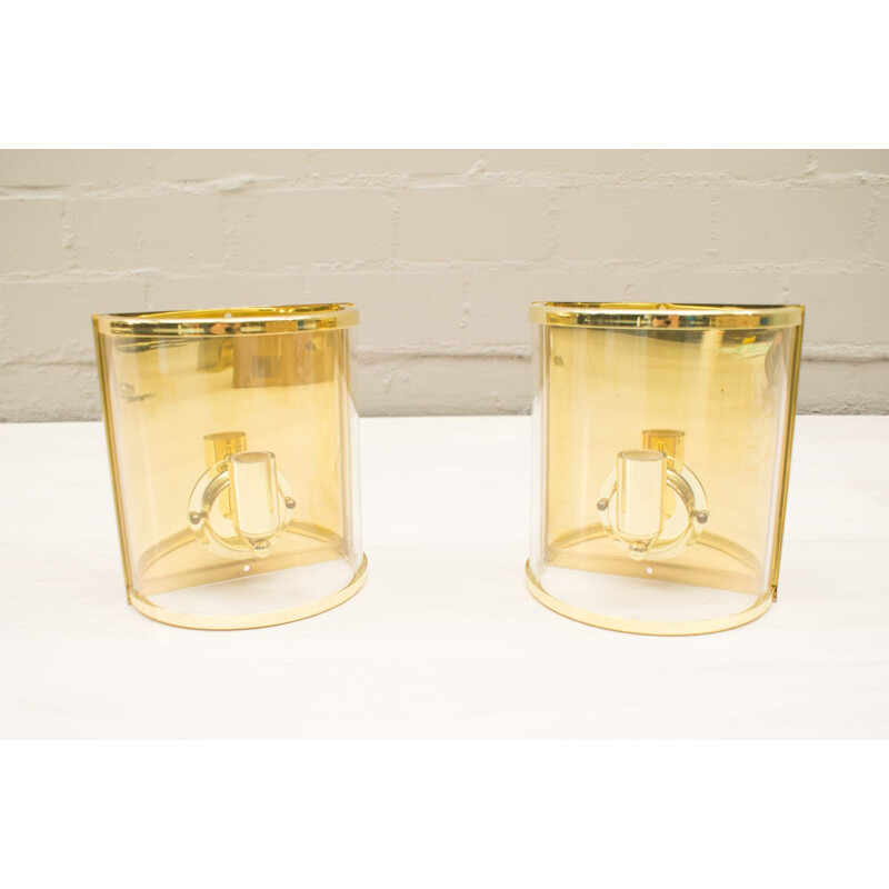 Pair of vintage hollywood regency brass and glass sconces, 1960