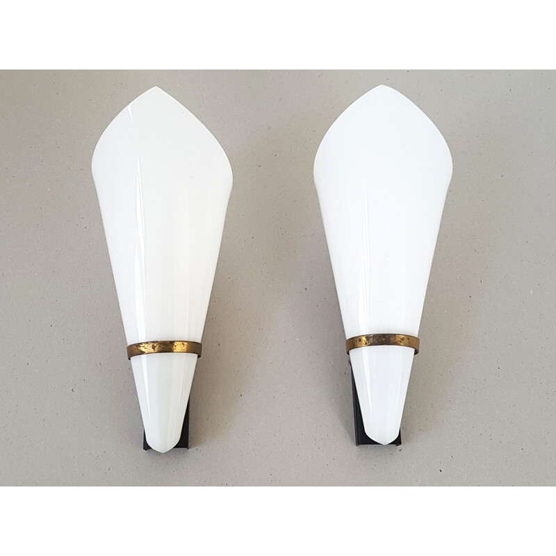Pair of french vintage sconces in plexiglas and steel