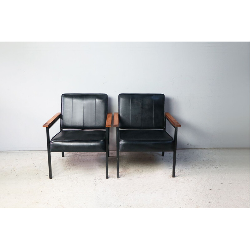 Pair of vintage german black vinyl and teak armchairs 1970