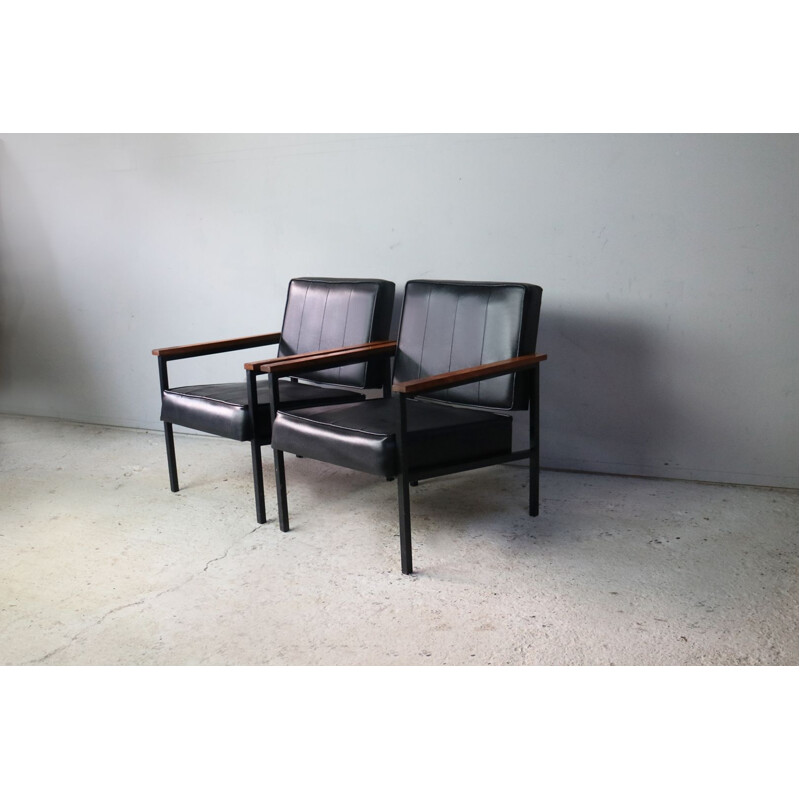 Pair of vintage german black vinyl and teak armchairs 1970