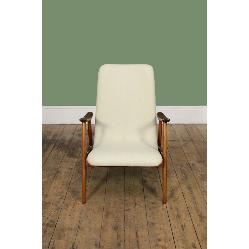 Vintage dutch white wool and teak armchair by Louis van Teeffelen