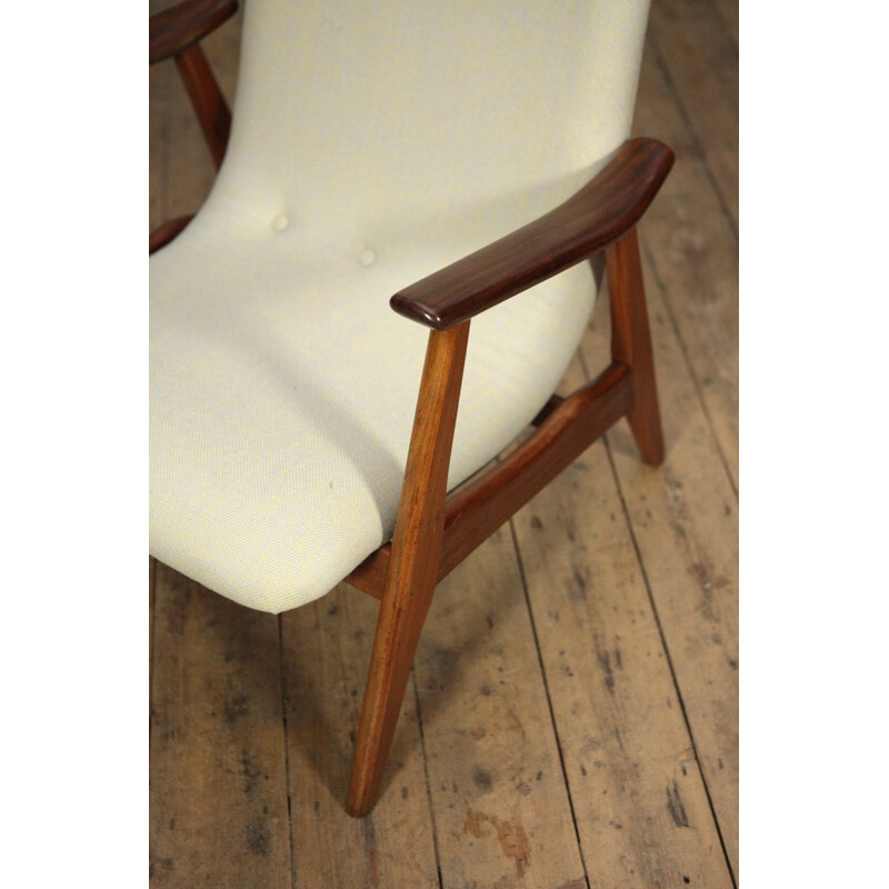Vintage dutch white wool and teak armchair by Louis van Teeffelen