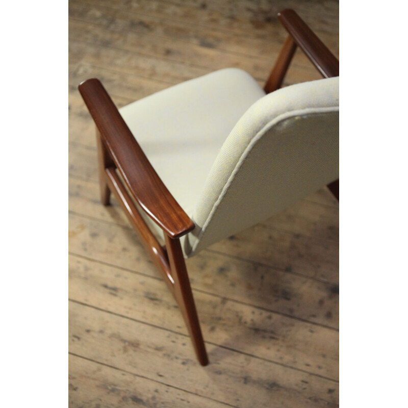Vintage dutch white wool and teak armchair by Louis van Teeffelen