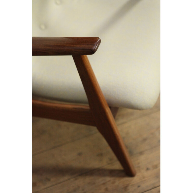 Vintage dutch white wool and teak armchair by Louis van Teeffelen