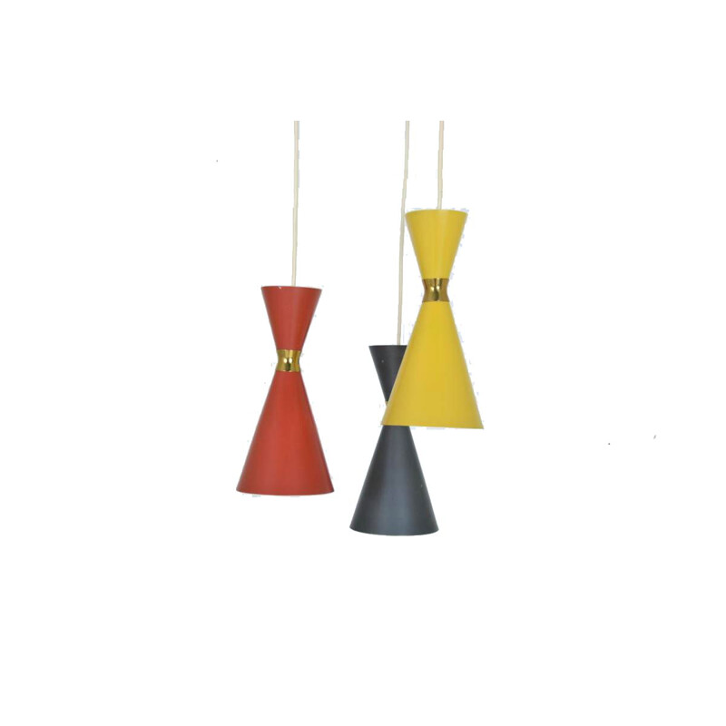 Trio of vintage Diabolo hanging lamps in red, anthracite and yellow metal