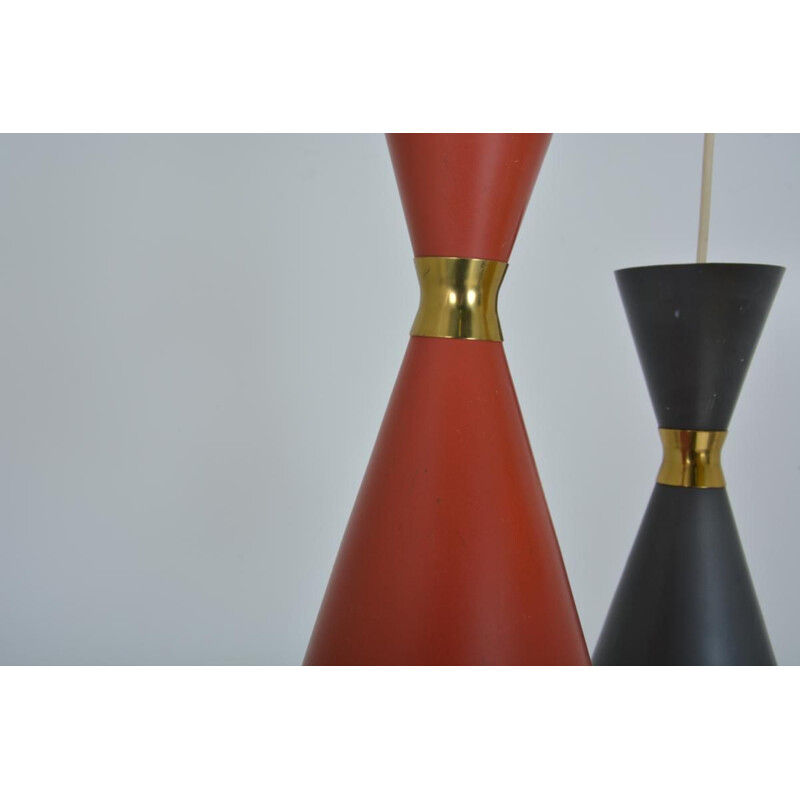 Trio of vintage Diabolo hanging lamps in red, anthracite and yellow metal