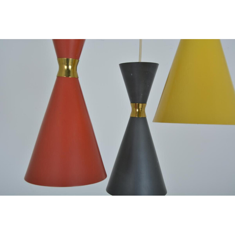 Trio of vintage Diabolo hanging lamps in red, anthracite and yellow metal