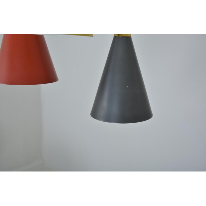 Trio of vintage Diabolo hanging lamps in red, anthracite and yellow metal