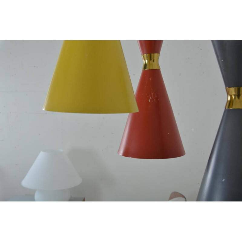 Trio of vintage Diabolo hanging lamps in red, anthracite and yellow metal