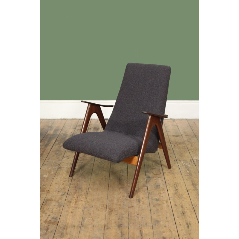 Vintage teak and gray wool armchair by Louis van Teeffelen 1960