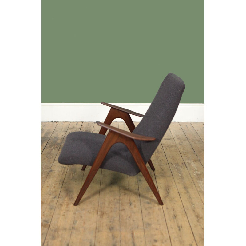 Fauteuil vintage hollandais par Louis Van Teffelen en teck et laine grise 1960