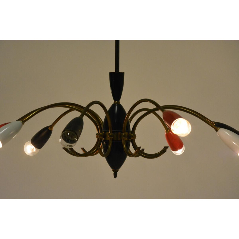 Vintage french red and black chandelier in brass and metal 1960