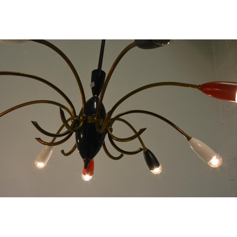 Vintage french red and black chandelier in brass and metal 1960