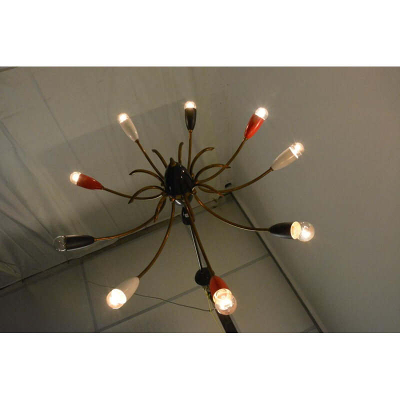 Vintage french red and black chandelier in brass and metal 1960