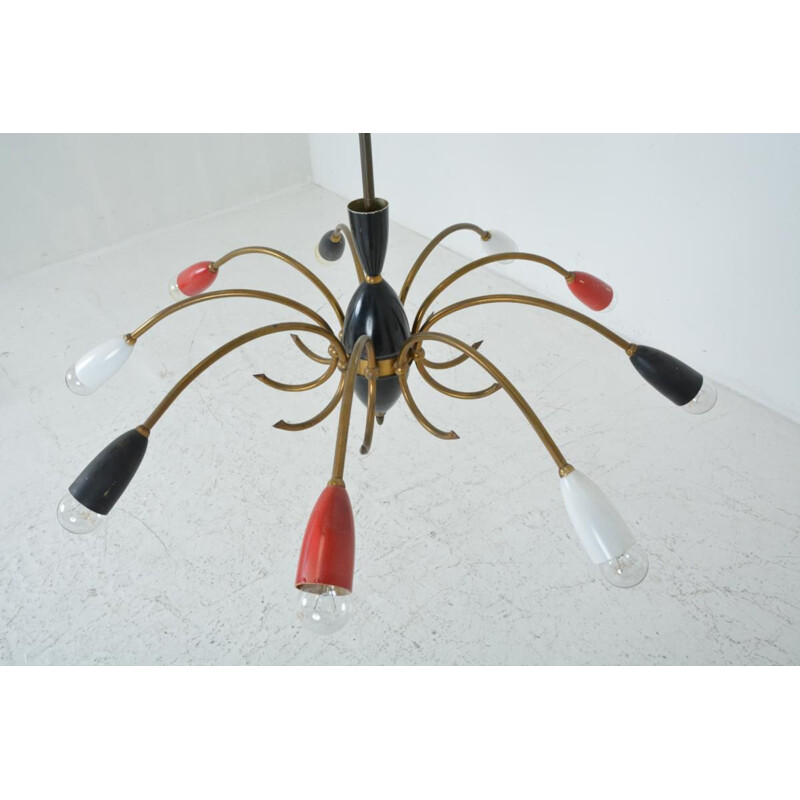 Vintage french red and black chandelier in brass and metal 1960
