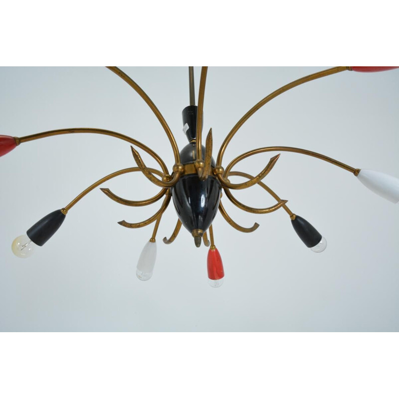 Vintage french red and black chandelier in brass and metal 1960