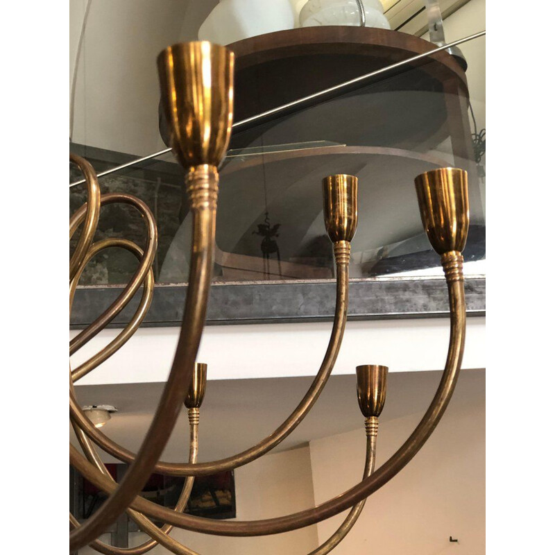 Vintage chandelier in golden brass by Oscar Torlasco