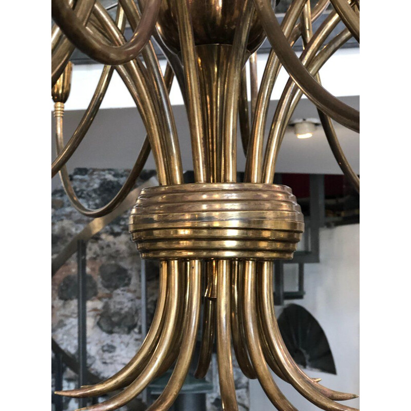 Vintage chandelier in golden brass by Oscar Torlasco