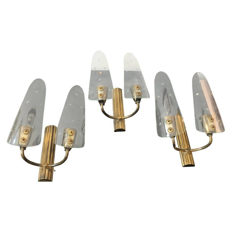 Set of 3 vintage wall lights in brass
