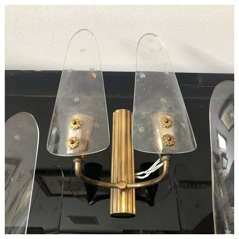 Set of 3 vintage wall lights in brass