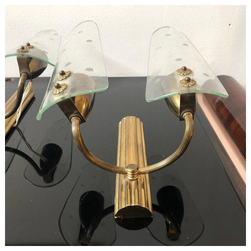 Set of 3 vintage wall lights in brass
