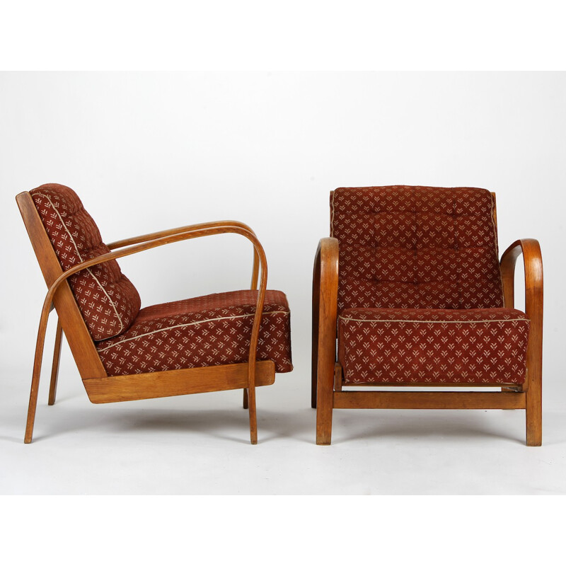 Armchairs in wood and leather, KROPACEK & KUZELKA -1950s