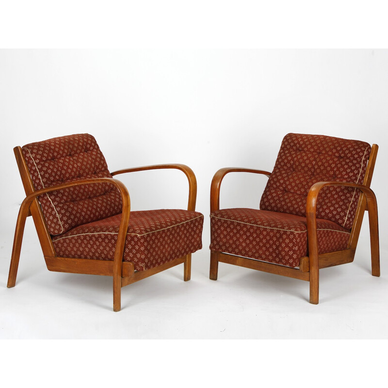 Armchairs in wood and leather, KROPACEK & KUZELKA -1950s